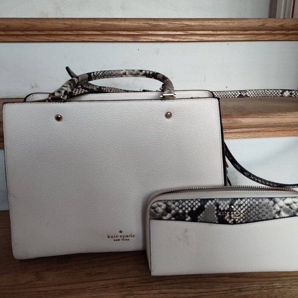 KATE SPADE White Purse and Wallet, NEW, black and snakeskin trim